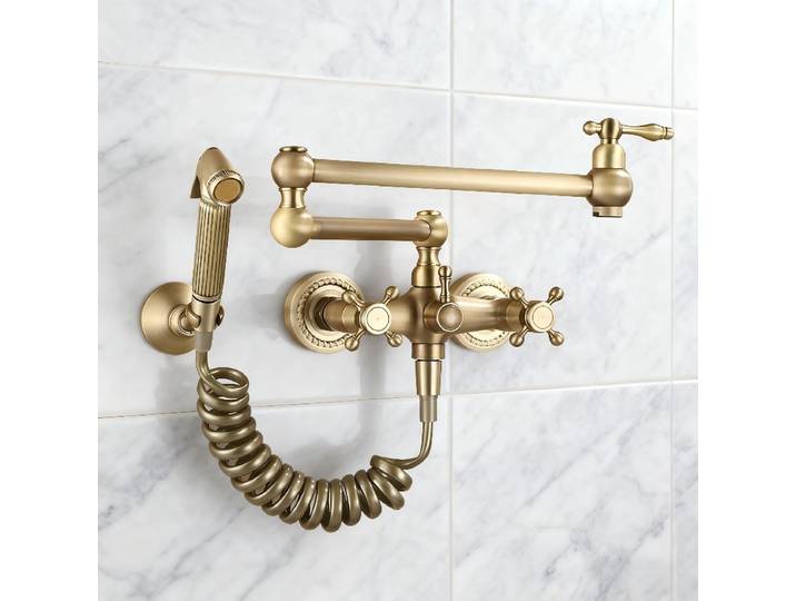 Robinet de cuisine rétro en laiton avec pistolet pulvérisateur, style antique, pour balcon, eau chaude et froide mélangée