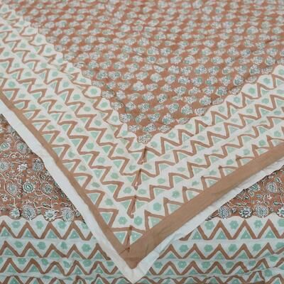 Fabdivine Green Brown Handmade Cotton Quilt Floral Traditional Block Print, Reversible Premium Bedspread, Decorative Bedding