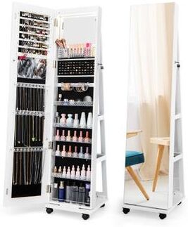 Costway 64 Inches Lockable Jewelry Cabinet Armoire with Built-in Makeup Mirror-White