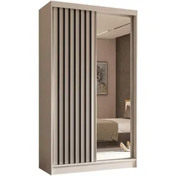 KLEIDERSCHRANK mit Spiegel-Schiebetüren und Aluminium-Leisten, LED-Beleuchtung - LAMELO - 120 cm Weiß+Weiß+Schwarz