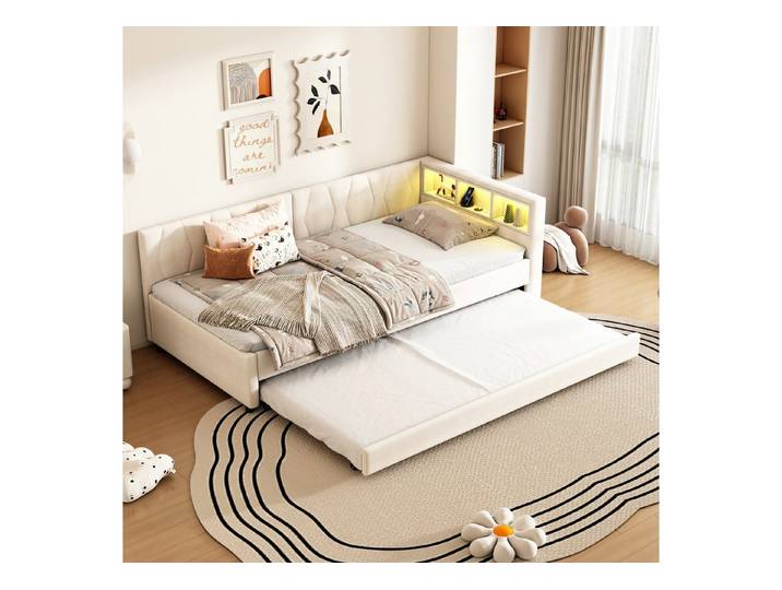 Flieks Daybett, LED Polsterbett Schlafsofa 90x200cm & Ausziehbett 90x190cm & Aufladen