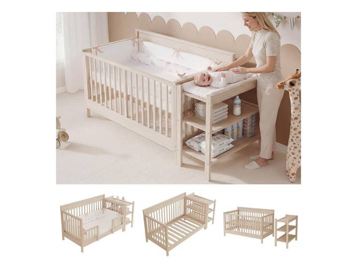 Flieks Babybett umwandelbar zum Beistellbett /Sofa, 3-fach höhenverstellbar, mit abnehmbarem Schutzzaun + Wickeltisch
