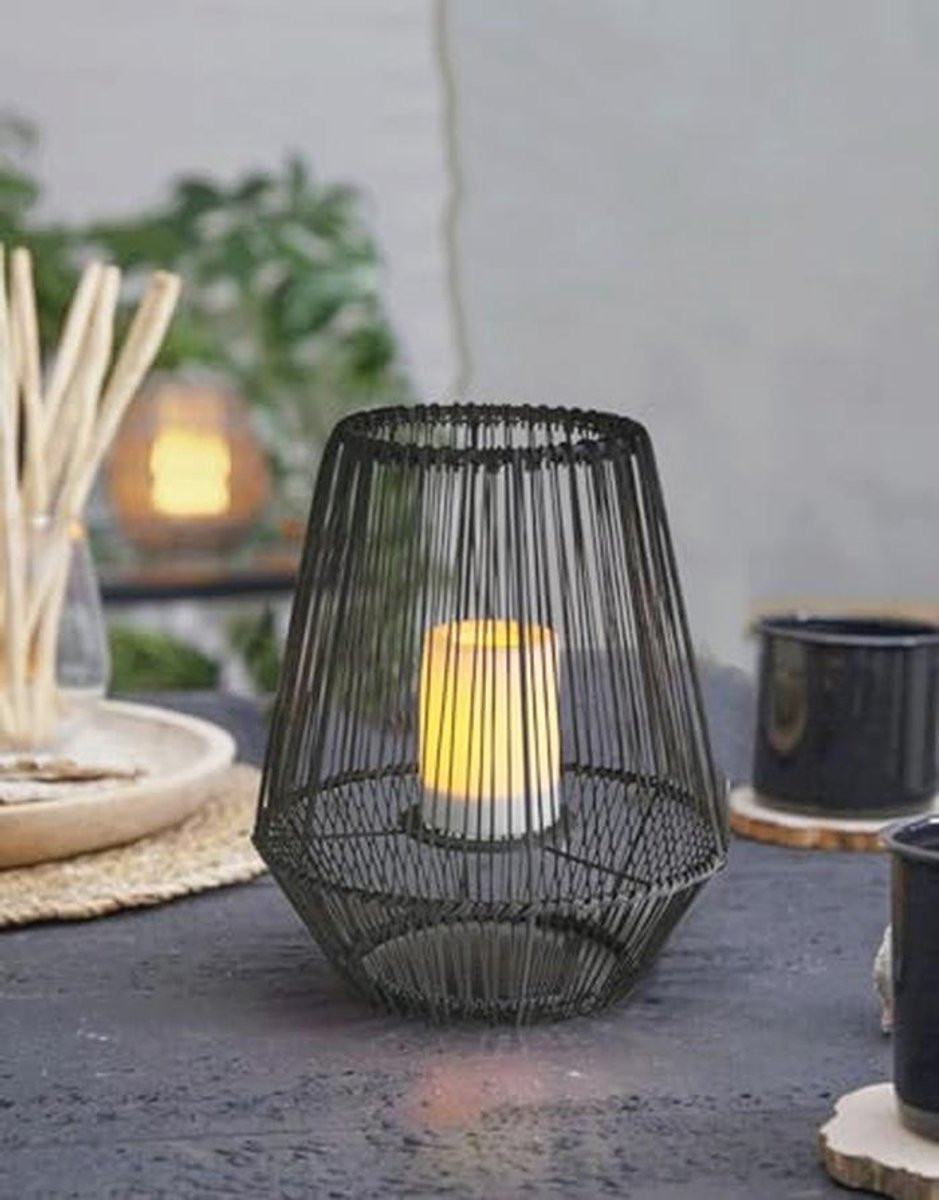 Zonnelamp Lantaarn met Solar LED Kaars in Rotan Look - B: 30,5 cm, H: 26,5 cm
