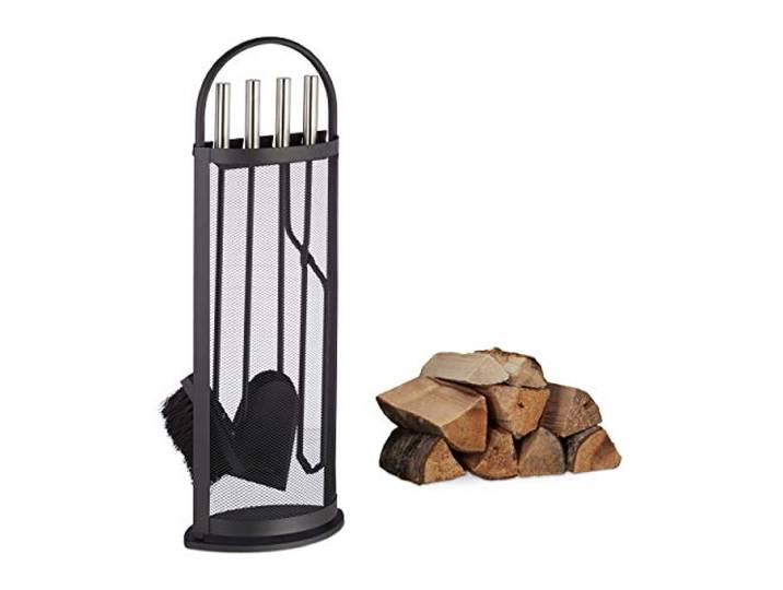 Relaxdays Ensemble serviteur de cheminée 5 pièces Support Pelle Balai Pince Crochet Acier Moderne\, Noir