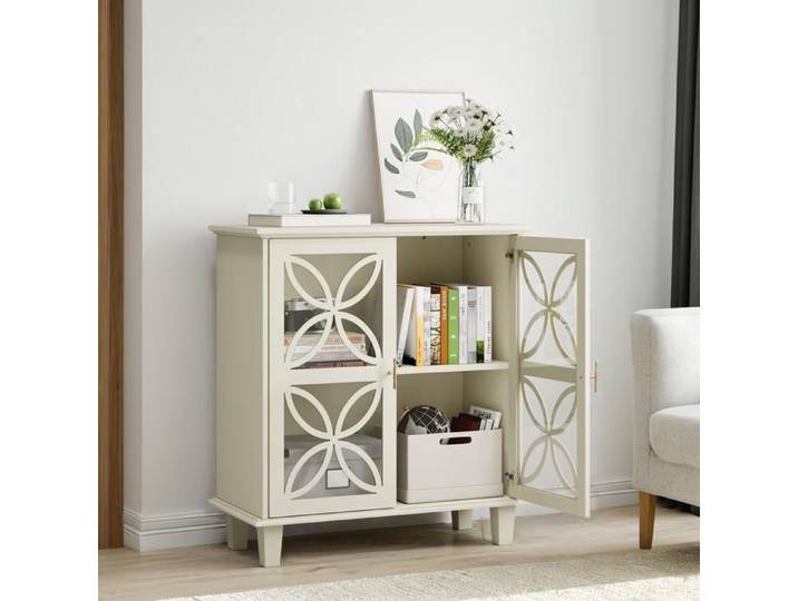 Buffet de Salon Rétro avec Portes En Verre Trempé - Meuble de salon avec Étagères Réglables - Console de Rangement Élégant - Crème.