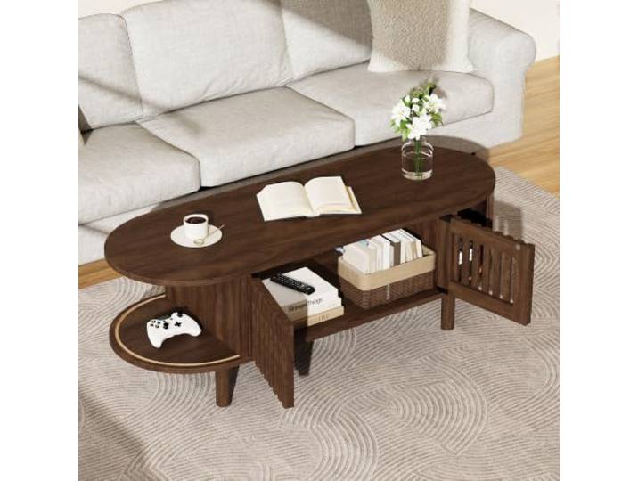BXEYXE Couchtisch 100×40×38cm aus MDF, Ovaler Wohnzimmertisch mit 2 Lamellentüren & Rollo-Tür, Massivholzbeine, bis 30kg Traglast, Stauraum Couchtisch für Wohnzimmer, Nussbaumholzfarbe
