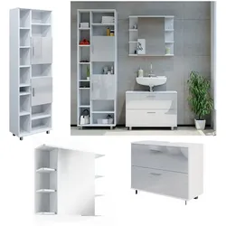Vicco Badmöbel-Set Ilias Weiß Hochglanz modern Waschtischunterschrank Spiegelschrank Hochschrank