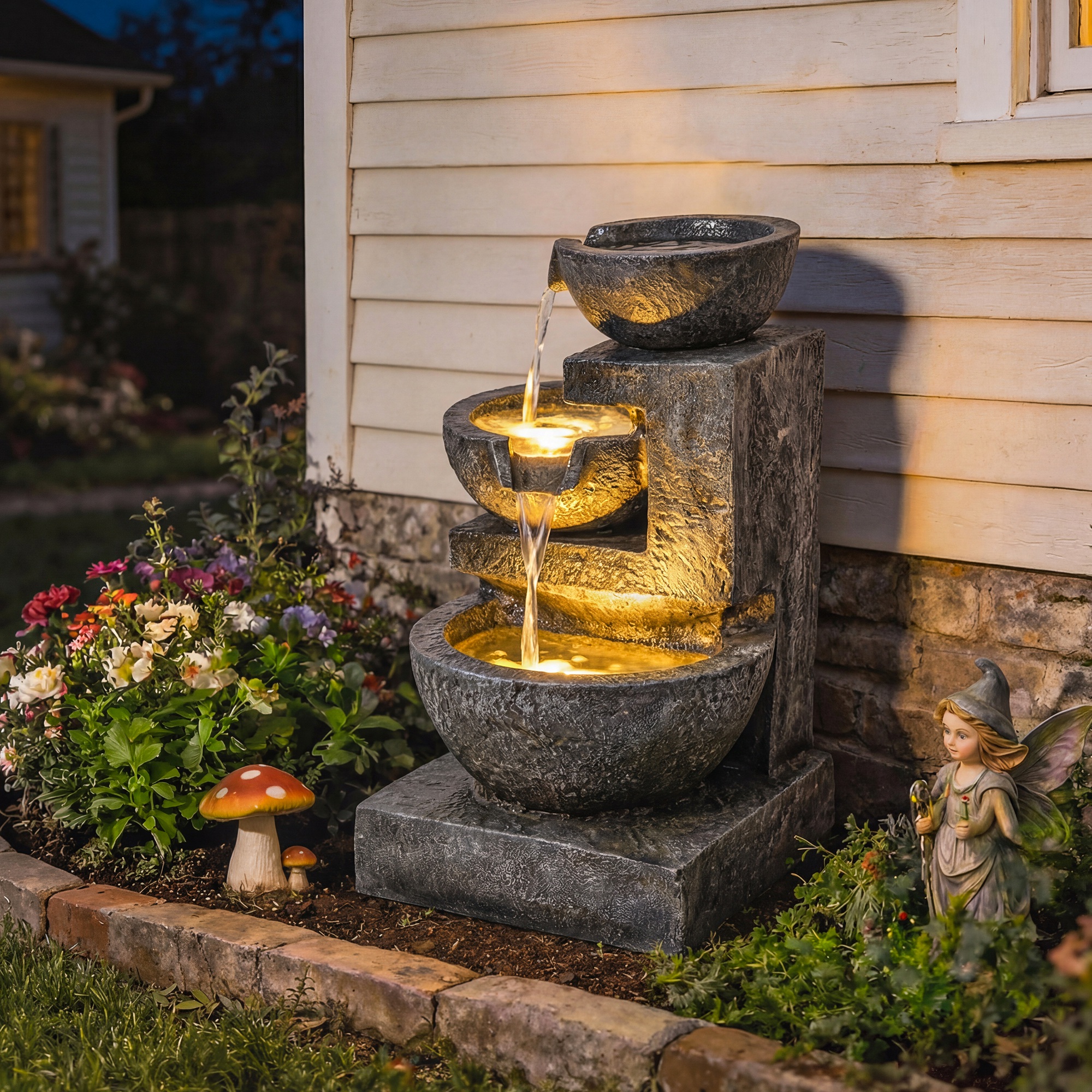 Outsunny Fontana a 3 livelli per giardino con illuminazione LED, pompa, effetto pietra, regolabile 40 x 37 x 61 cm   Aosom Italy