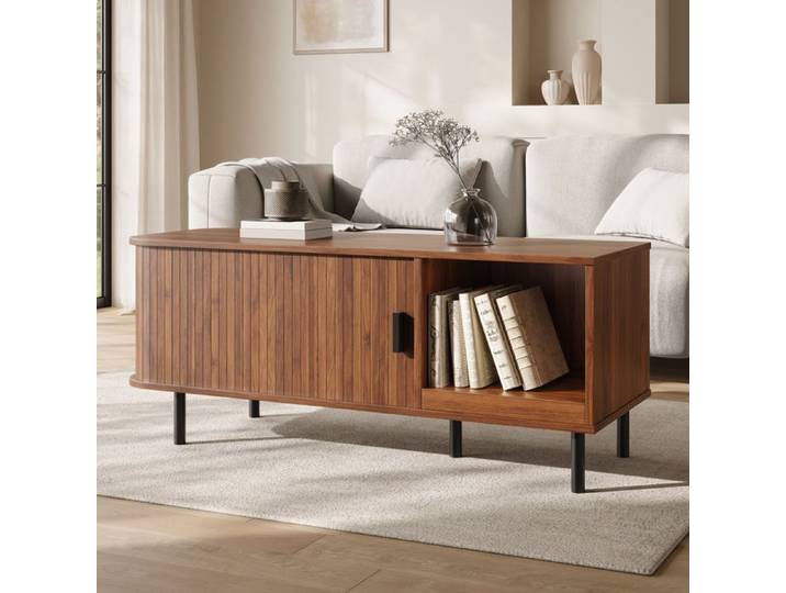 Table basse rectangulaire SENVIRO 110 x 40 x 55 cm porte coulissante noyer
