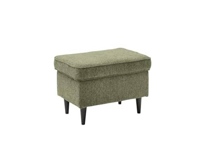 möbelando Fußhocker >Oskar< in Olive mit weichem 100% Polyester-Stoffbezug, Schaumstoffpolster, schwarzen Massivholzfüßen, 63x43x42 cm, pflegeleicht, teilw. zusammengebaut und schnell einsatzbereit.