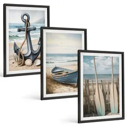 BILDER SET 3er Set - 40x60 cm Schwarzer Rahmen - Anker, Boot, Ruder, Strand