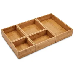 Relaxdays Ordnungsboxen 5er Set, Schubladen Ordnungssystem Bambus, Organizer Küche, Bad & Büro, versch. Größen, natur