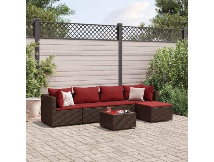 KTHLBRH Gartenmöbel-Set, 6-teilig, mit Kissen aus Polyrattan, Braun Outdoor-Lounge, Stahlrahmen, Glastisch, Fußstütze, modulares Design