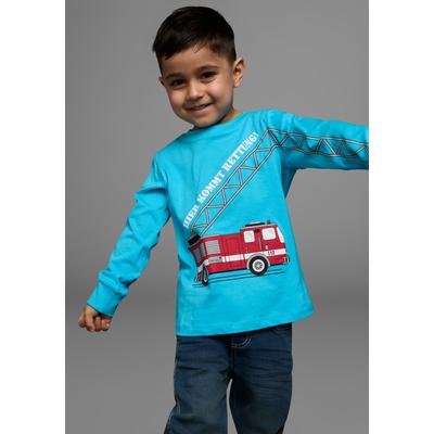 Langarmshirt KIDSWORLD "HIER KOMMT RETTUNG", Jungen, Gr. 128/134, blau (türkis), Single Jersey, Obermaterial: 100% Baumwolle, bedruckt, Basic, Rundhals, Shirts Langarmshirt, Langarm, Basic-Passform, peppiger Druck