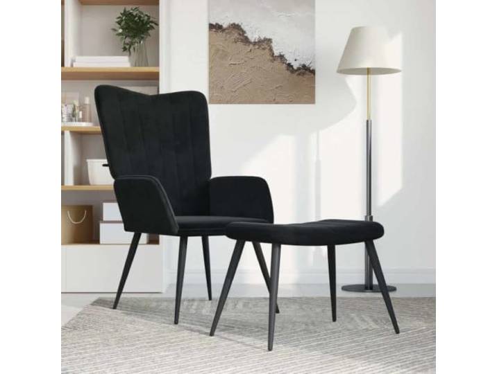 HEFZGDB Relaxsessel mit Hocker Schwarz Samt - Stabiles Stahlgestell und weicher Samtbezug für optimalen Sitzkomfort, ergonomische Rückenlehne mit Ziernaht, langlebige Polsterung