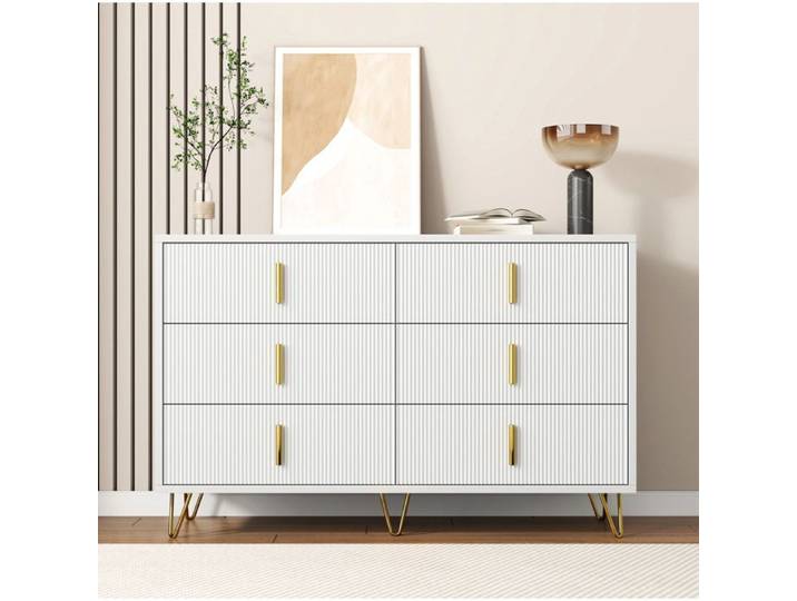 Buffet 120x77x40 cm 6 tiroirs surface ondulée pieds dorés panneaux de particules blanc