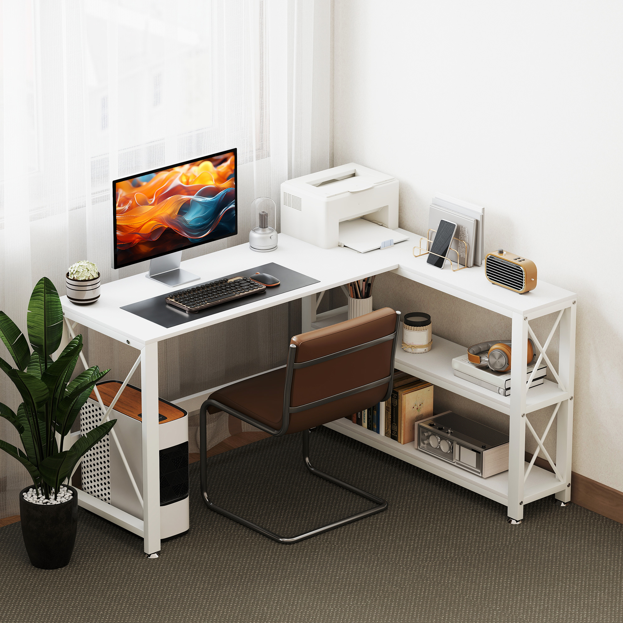 Homcom Scrivania ad angolo modulabile reversibile, scrivania con ripiani, ripiano di ripiani, telaio in metallo, 135x110x75cm, bianco   Aosom Italy
