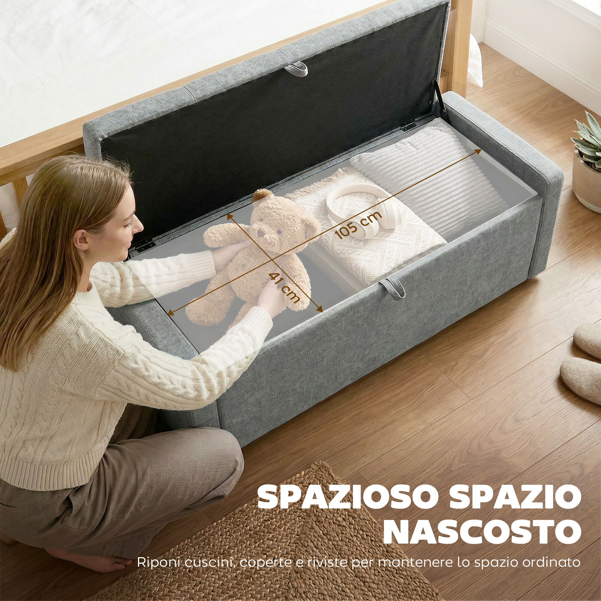 Altro Cassapanca 142l Pouf Contenitore, Seduta Ampia Imbottita, In Lino, Capacità 200 Kg, Grigio Chiaro