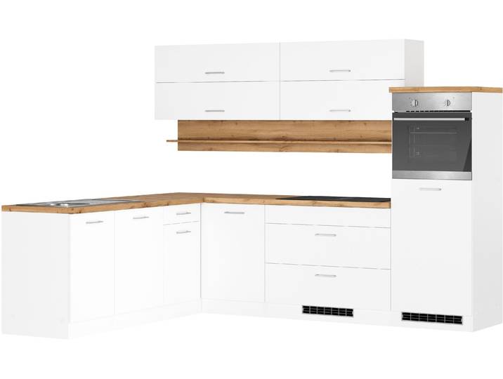 Winkelküche, Weiß & Wotaneichefarben, 270x166x60 cm, Holzwerkstoff, Ohne E-Geräte, Modern