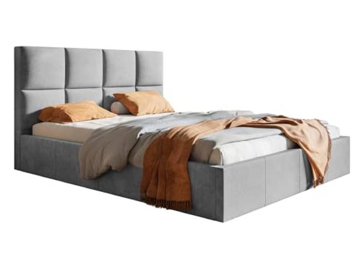 Emporius Polsterbett 140x200 Fado, Schlafzimmerbett - Doppelbett mit Bettkasten, Lattenrost - Samtstoff (Grau - Jasmine 90)