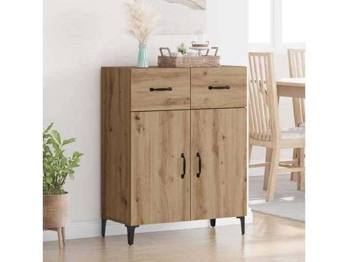 RJPLMFV Anrichte Eiche 69,5 x 34 x 90 cm aus Holz Eingeschränkte Türen, schwarze Füße, Schubladen und Regale, Aufbewahrung für Wohnzimmer oder Esszimmer
