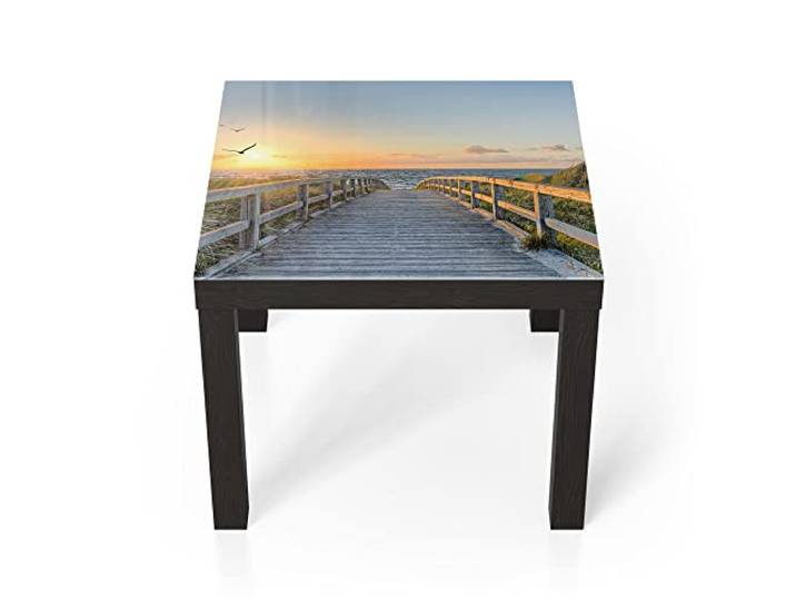 DEQORI Glastisch schwarz klein 55x55 cm Motiv Dünenweg zum Meer ausgefallener Beistelltisch aus Glas Hochglanz Couchtisch fürs Wohnzimmer moderner Couch Tisch mit Design