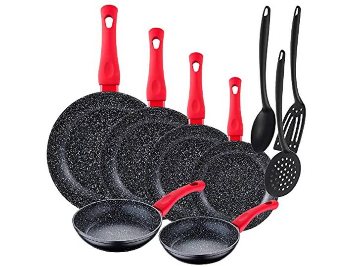 Packung mit 6 Pfannen Energy Ø18/20/22/24/26/28 cm, geschmiedetes Aluminium, Schwarz + Set mit 3 Küchenutensilien aus Nylon