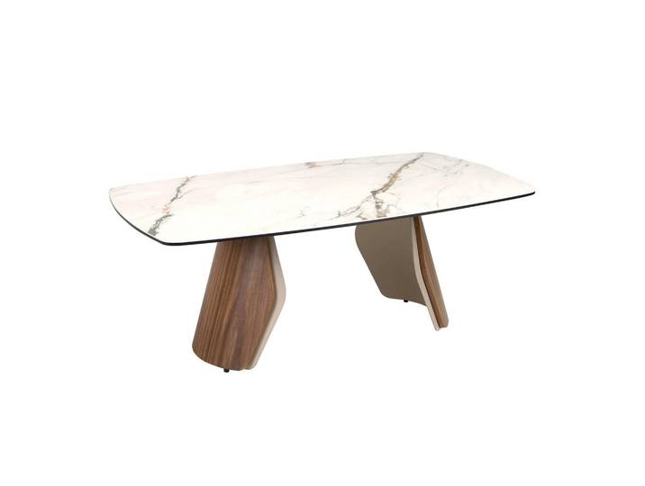 Angel Cerda Ovaler Couchtisch, weißer Porzellan-Marmor, Sandstahl und Nussbaum, Walnussfarben, Metall, Holz, Nachbildung,Nussbaum, Mode, Oval,Oval, 120x43x70 cm, Wohnzimmer, Wohnzimmertische, Couchtische