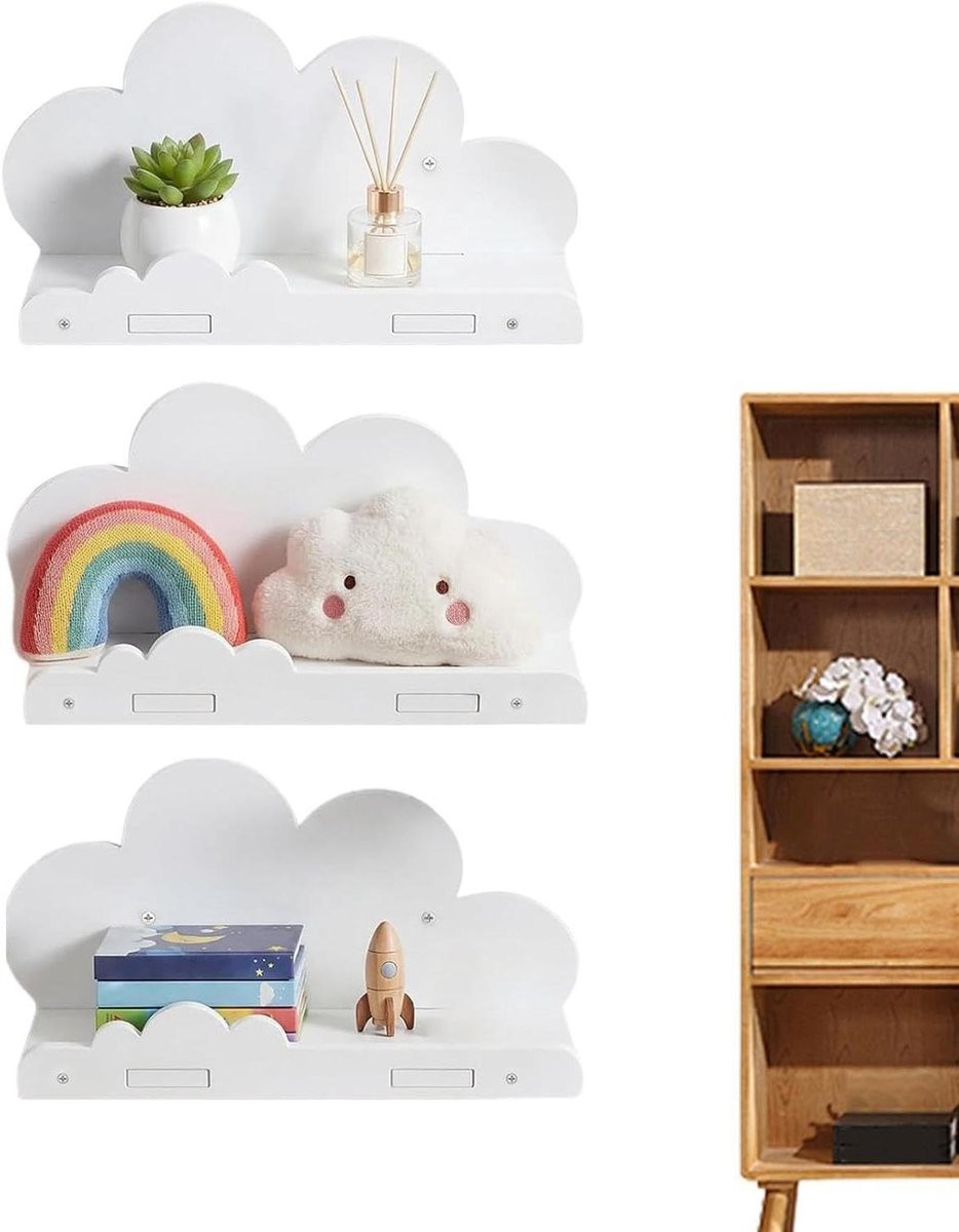 Set van 3 witte wandplanken met golvende randen voor decoratieve opslag