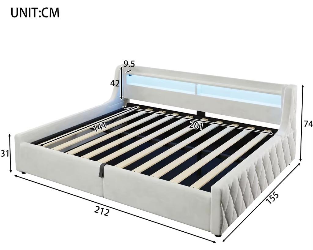 Bett - Polsterplattformbett - 140 x 200 cm - Hydraulischer Gaslift - Stauraum unter dem Bett - Weicher Plüschbezug - Beige
