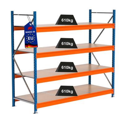 PROREGAL Industrie Schwerlastregal MAXIMUS PRO, Grundregal, HxBxT 200x225x80cm, 4 Ebenen, Spanplatten-Fachboden, Fachlast 610 kg, Blau/Orange