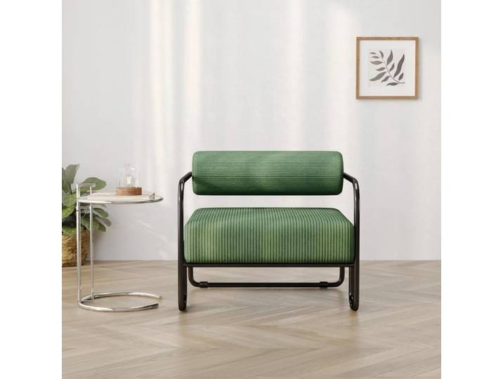 Fauteuil Lounge en Velours Côtelé avec Structure en Métal Vert - Chaise de Salon Design avec Dossier Cylindrique et Coussin épaissi