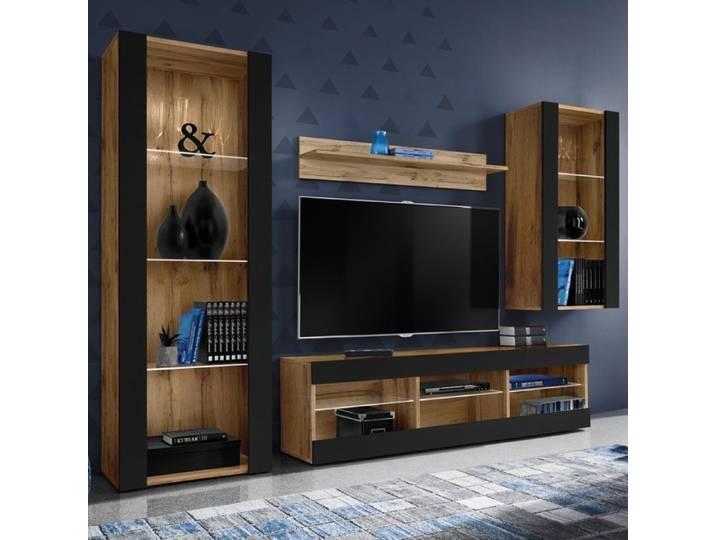 Meuble TV Tivoli Set Medio Komodee - sans LED - Noir Mat et Bois naturel - 195x159x35 cm