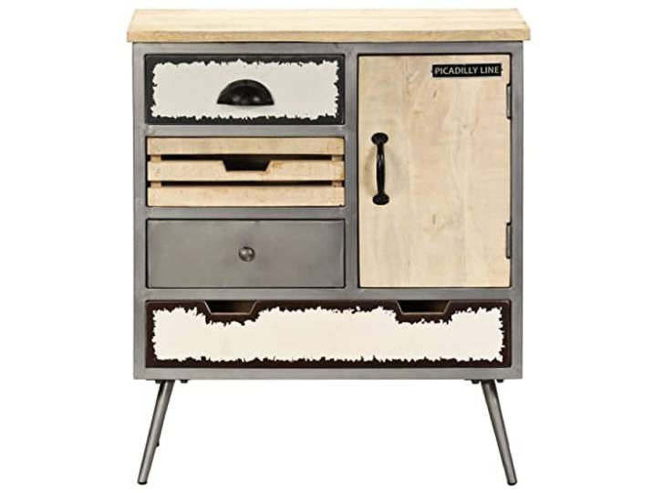 KPOTUERTU Sideboard Massivholz Mango und Stahl 65x33x76 cm 4 Schubladen, 1 Schrankfach, Mid-Century-Design, Industrie-Stil, Beistellschrank, Flur, Wohnzimmer