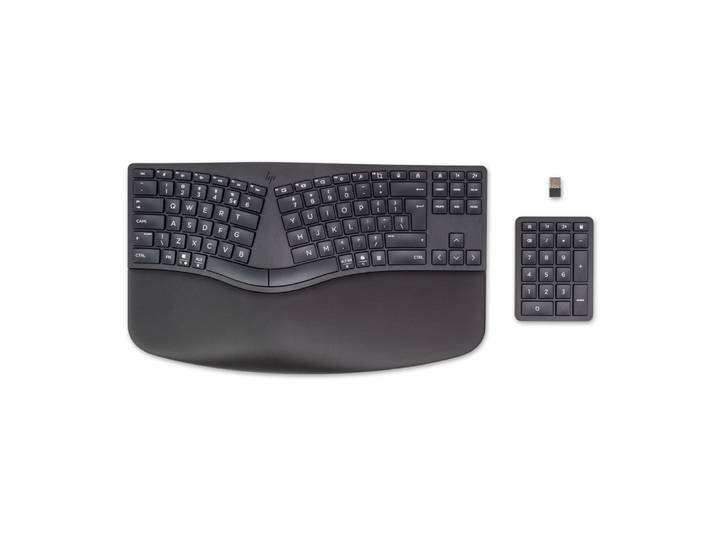 HP Clavier sans fil ergonomique 960, Taille réelle (100 %), Sans fil, RF sans fil + Bluetooth, Clavier à membrane, QWERTY, Noir 7E755AA#ABB
