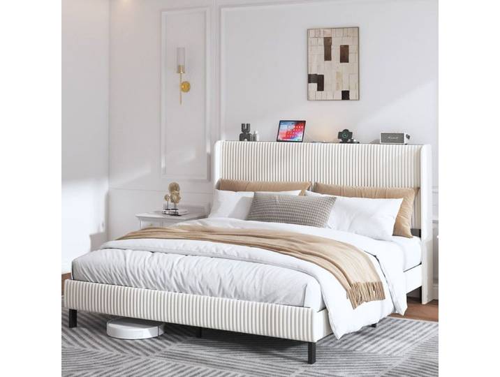 Lit plateforme 180x200 avec tête de lit capitonnée tissu côtelé structure métal sans box spring beige crème TYNQER