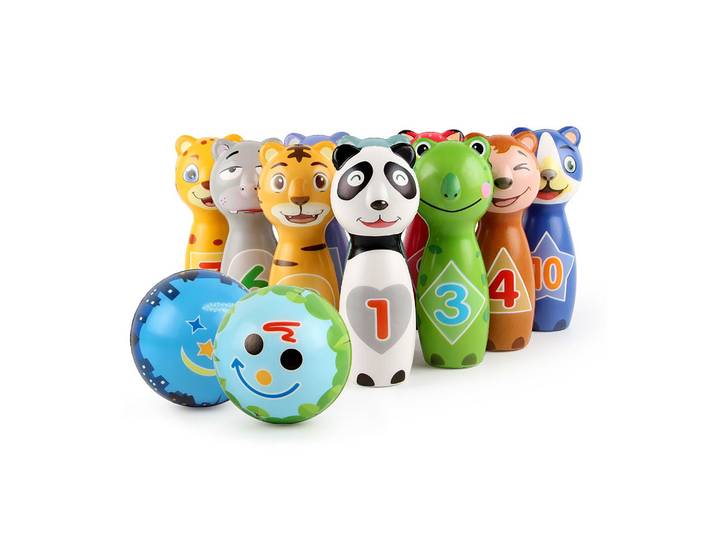 Kinder Kegelspiel Tiere Blau-Gelb-Grün