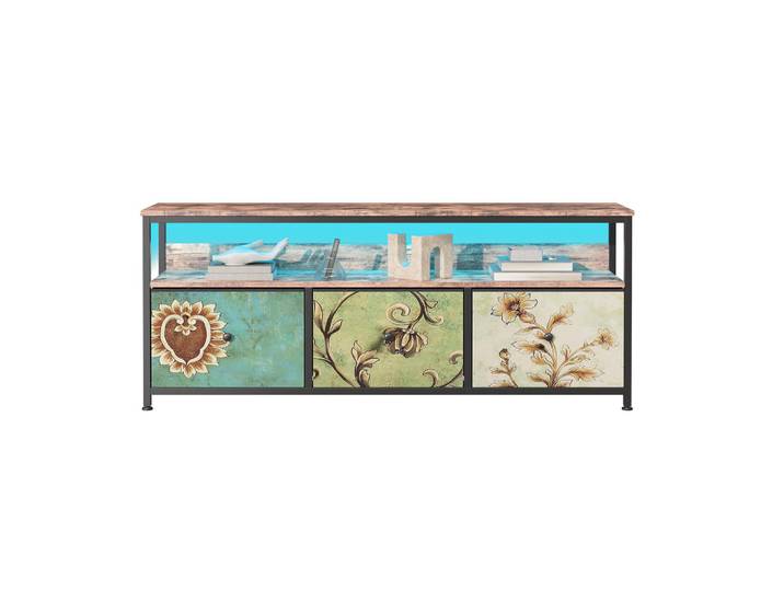 Shopentra Hoher LED Tv-Tisch 137cm bunte Stoffschubladen modern, Mehrfarbig, 29.8x57x137 cm, Wohnzimmer, TV Möbel, Lowboards, Lowboards stehend