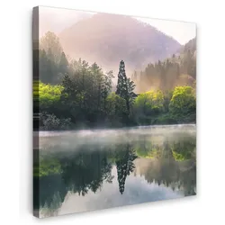 LEINWANDBILD Natur - Bäume - Berge - See - Wasser Wandbild Wohnzimmer 50x50 cm
