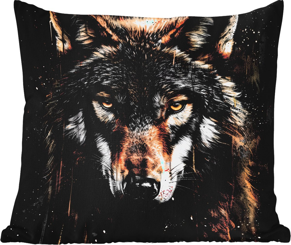 PillowMonkey Buitenkussen Wolf Portret Zwart Bruin 45 x 45 cm Weerbestendig