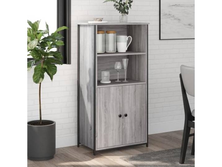 HEFZGDB Stabiles Highboard mit Wandhalterung aus Holzwerkstoff und Metallgestell, Modernes Highboard mit Türen, Griffen und viel Stauraum, Schrank mit robustem Design in Grau Sonoma,