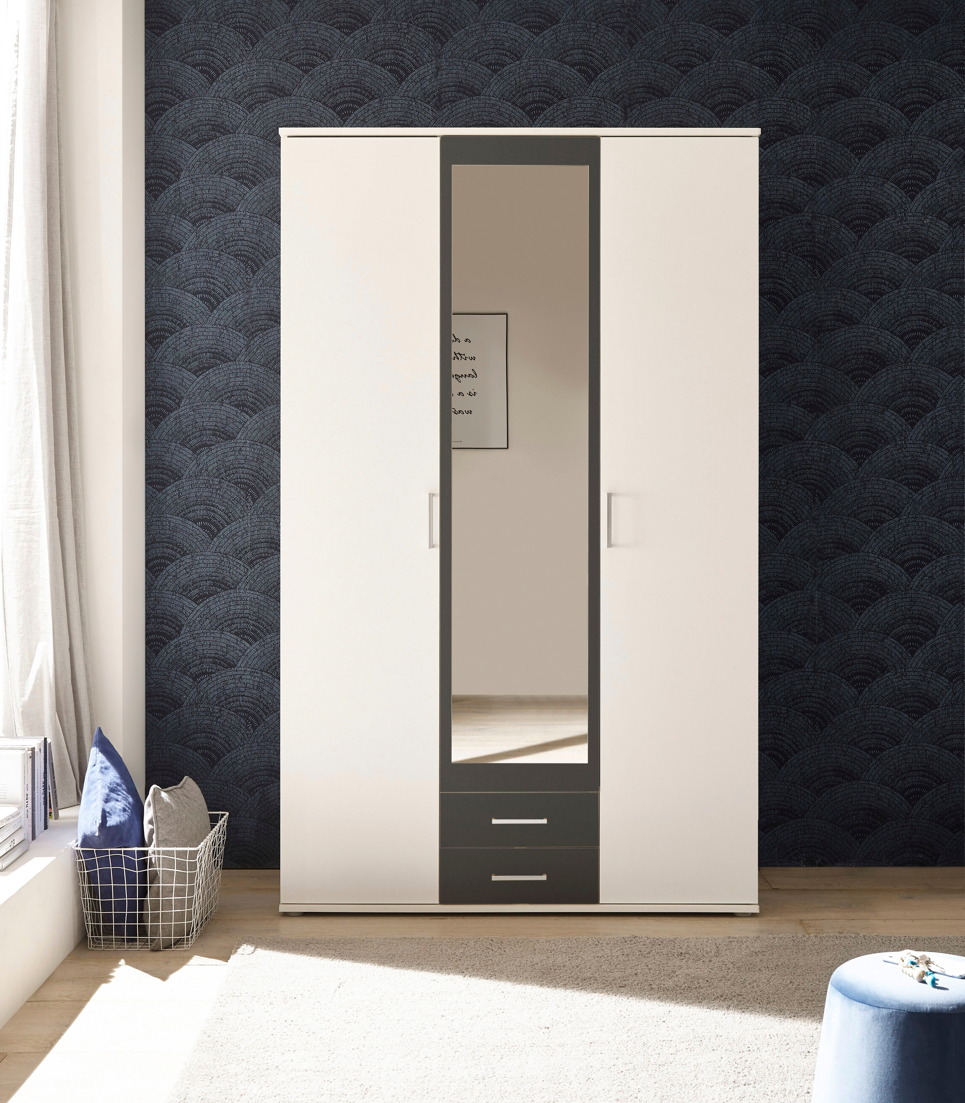 Kleiderschrank SCHLAFKONTOR "Hanau", weiß (weiß, graphit), B:120cm H:196cm T:53,5cm, Melamin, Schränke, Kleiderschrank