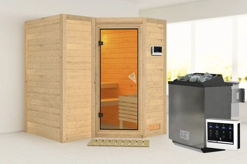Elementsauna Karibu Melanit 1 inkl.9 kW Ofen u.ext.Steuerung mit Dachkranz und bronzierter Ganzglastüre