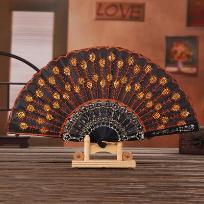 Uplift Treasures Chinese Style Embroidered Folding Hand Fan orange