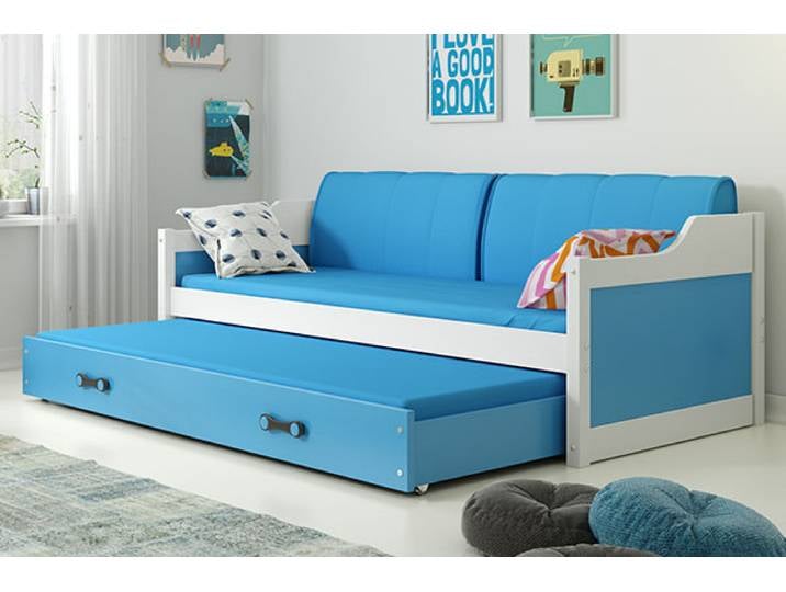 Schlafsofa mit Ausziehbett David 90x200 cm Weiß/Blau - Gästebett-Funktion Komplettset inkl. 2 Matratzen & Federlattenroste