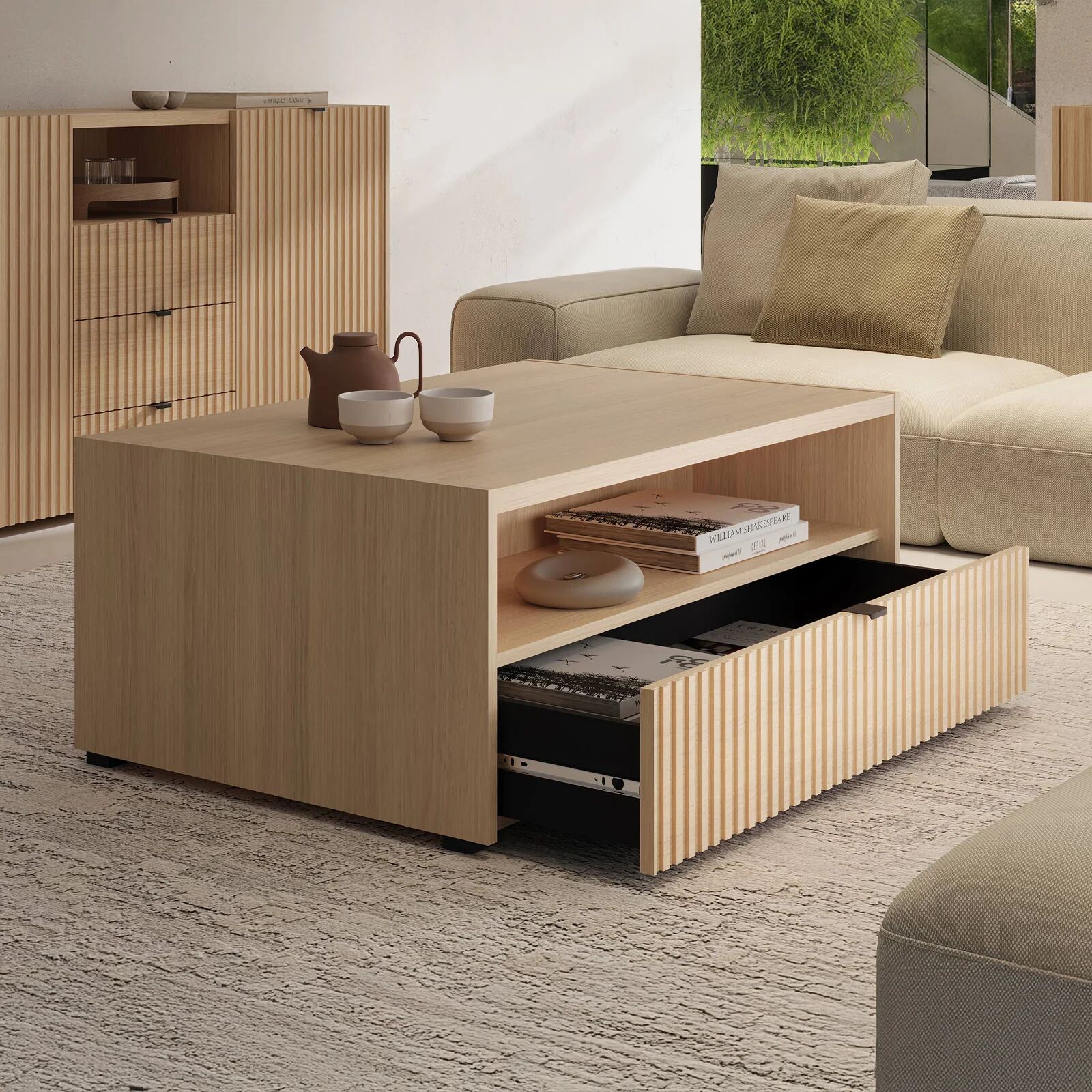 garneroarredamenti Tavolino da salotto 100x65cm cannettato 1 cassetto rovere Sally