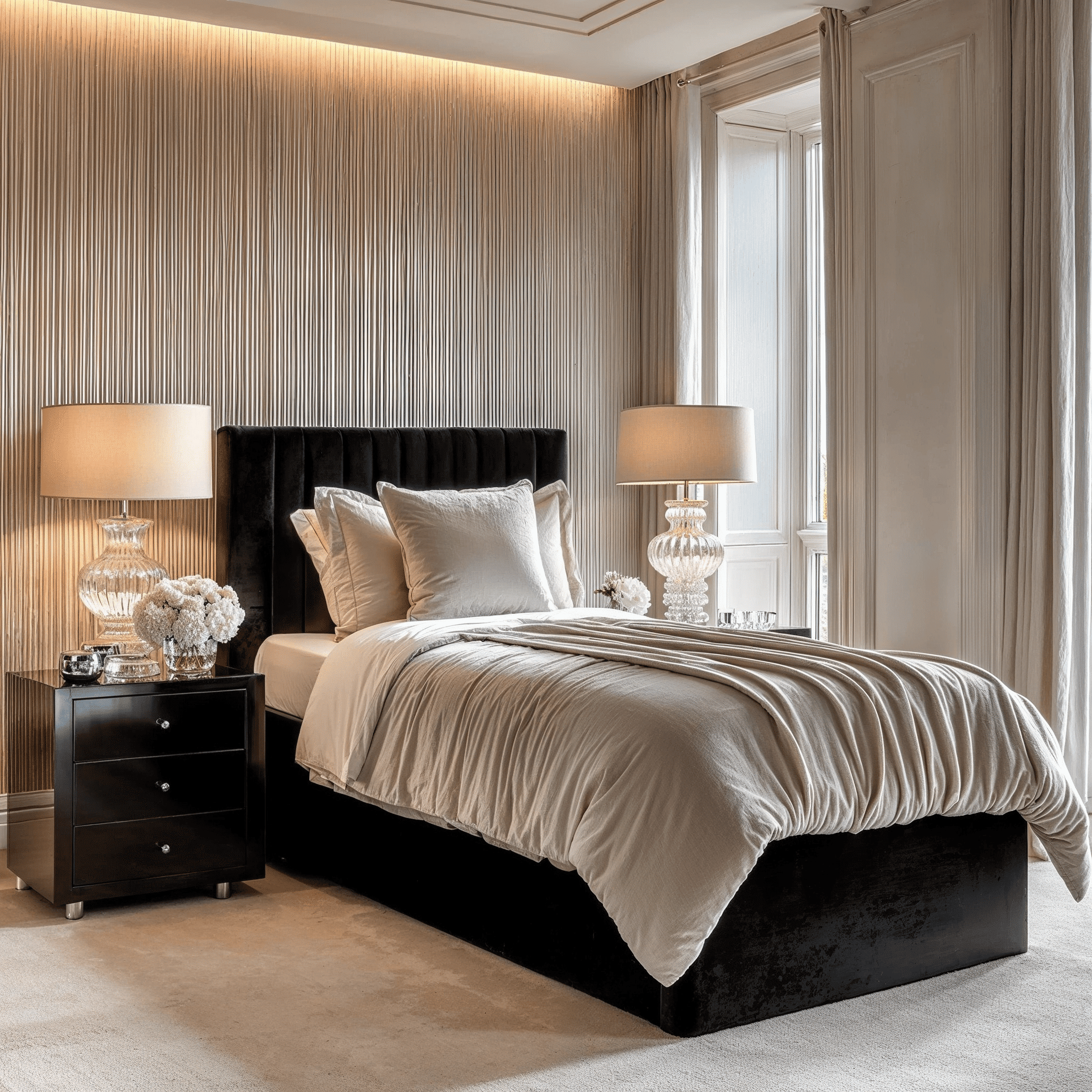 Harriet Single Low Black Velvet Channelled Ottoman Bed