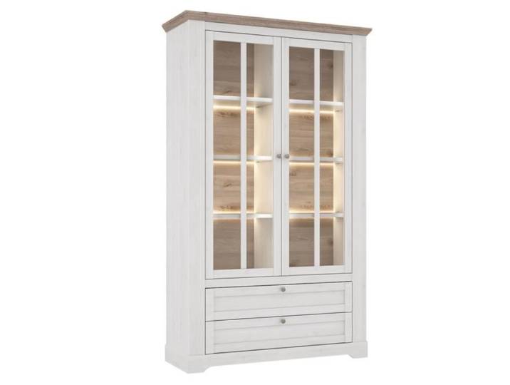 Vitrine 2 portes 2 tiroirs éclairage LED décor blanchi - ANGELE