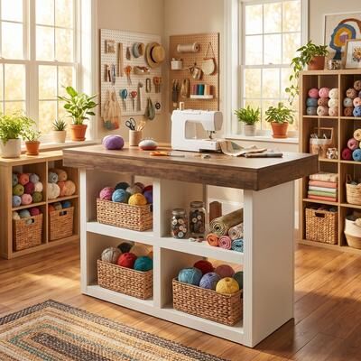 1Easylife "55"" Counter Height Artwork Craft Table with Storage, Two-Tone Sewing Cabinet, Craft Station Drafting Workstation with 4 Open"