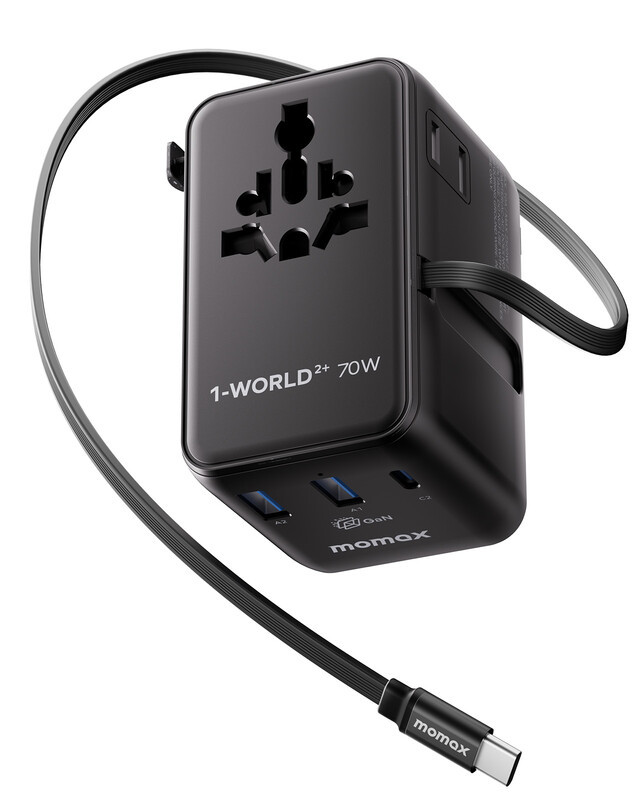 MOMAX 1-World² 70 W GaN Universele Reisadapter met Dubbele AC-stopcontacten en Ingebouwde Oplaadkabel